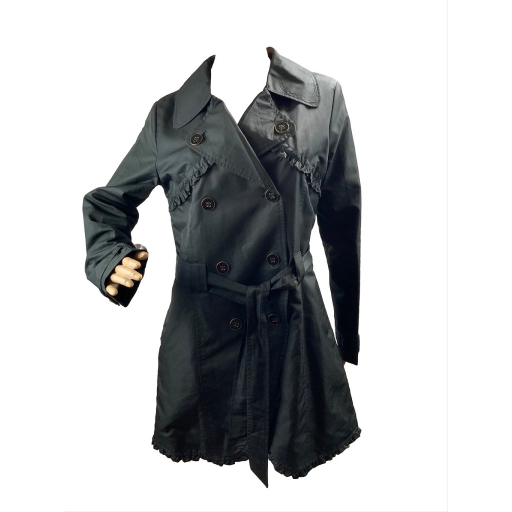 Beverly Hills Polo Club Womens Black Trench Coat Lg Belted Waist Ruffled Design - Picture 2 of 16